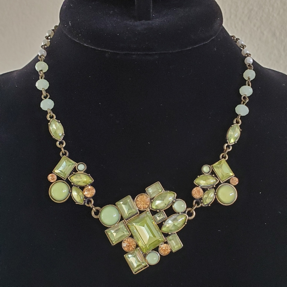 Betsey Johnson Necklace, Sparkling Green & Yellow Stones.
